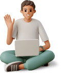Young man sitting with a laptop and waving his hand